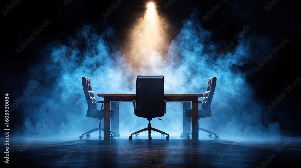 Poster dark lit strategy meeting room with single spotlight illuminating central table surrounded by empty 