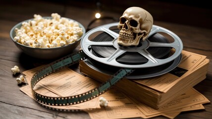 Still Life with Film Reel, Skull, Popcorn, and Vintage Documents A Memento Mori for Cinema