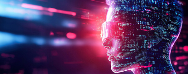 Futuristic digital portrait featuring human silhouette with glowing data patterns and virtual reality glasses, embodying cybernetic theme