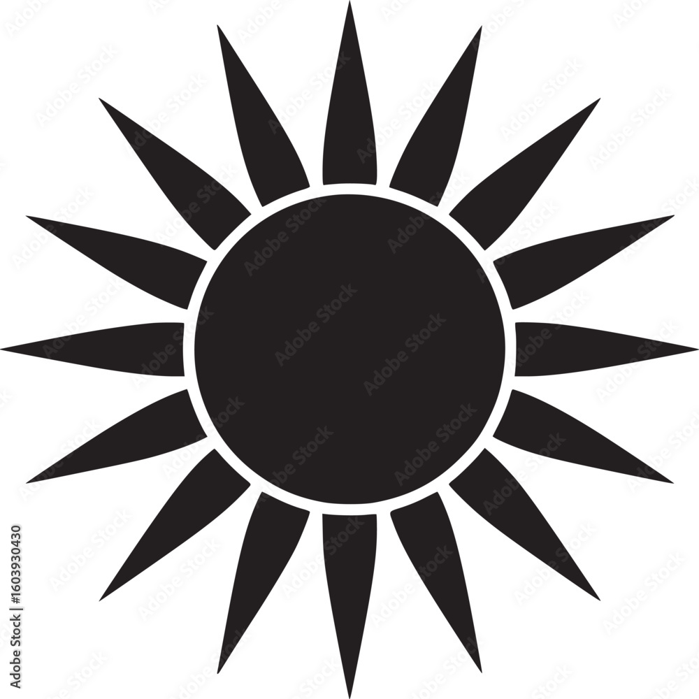Poster a simple black sun graphic with a circular center and radiating triangular rays on a white backgroun