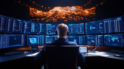 Professional in corporate war room monitors real time data streaming across multiple screens, showcasing advanced analytics and technology