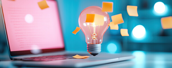 Creative workspace featuring glowing light bulb above laptop, surrounded by floating sticky notes, symbolizes innovative brainstorming