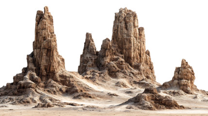 Jagged rock formations in a barren desert landscape under a white sky isolated on transparent background