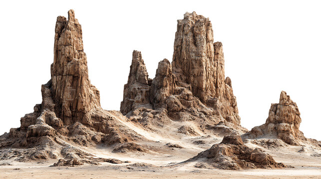 Jagged rock formations in a barren desert landscape under a white sky isolated on transparent background