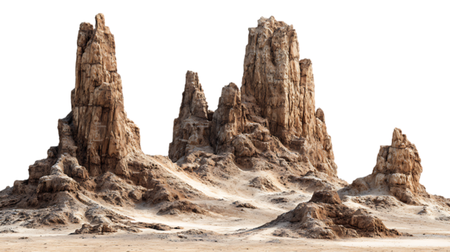 Jagged rock formations in a barren desert landscape under a white sky isolated on transparent background