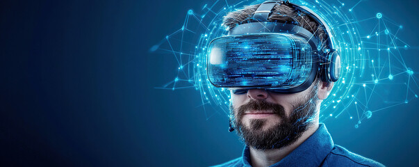 Man wearing virtual reality headset, surrounded by digital graphics and network connections, embodies future of technology and immersive