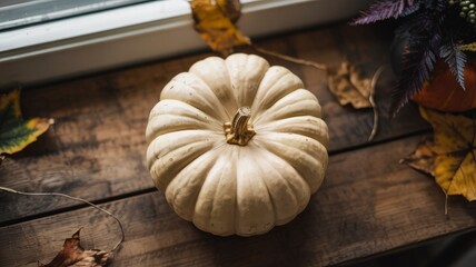 White Pumpkin on Rustic Wooden Windowsill with Autumn Leaves