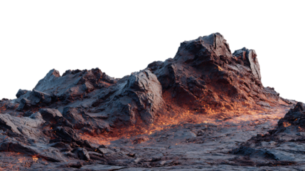 Dramatic volcanic peaks with glowing orange lava isolated on transparent background