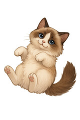 isolated transparent fluffy cartoon cat playful illustration, fluffy cartoon cat laying pose, fluffy cartoon cat with cute smile art on White Background PNG die-cut for advertising