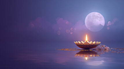 Elegant Rama Ekadashi banner, full moon night with soft diya glow, silent prayer setting near water