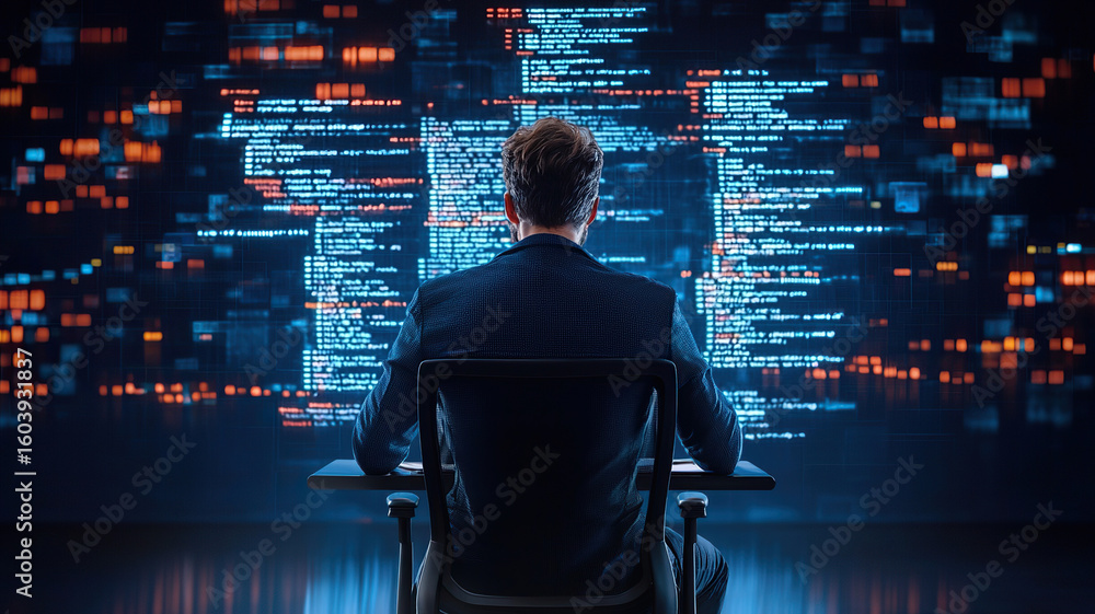 Poster person sits at desk, facing large screen filled with colorful code and data, creating futuristic and