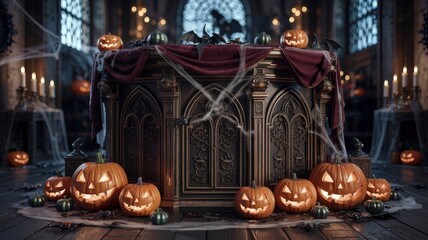 Obraz premium Gothic Halloween Scene with Illuminated Jack-o'-lanterns and Antique Altar
