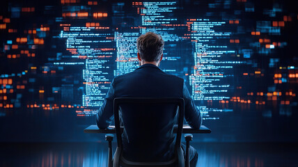 Person sits at desk, facing large screen filled with colorful code and data, creating futuristic and tech savvy atmosphere