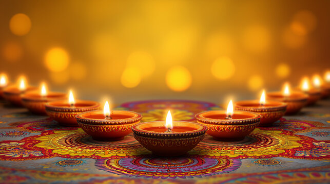 Festive Choti Diwali banner, colorful rangoli designs and rows of oil lamps lit at dawn