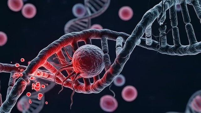 An illustration of a cancer cell damaging a DNA double helix - Powered by Adobe