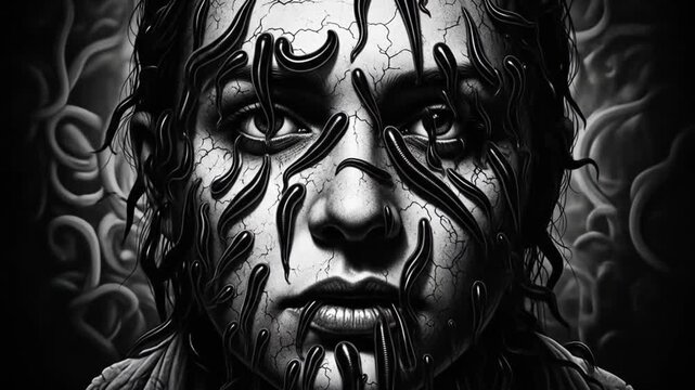 Monochrome Nightmare: A Woman's Face Infested by Leeches, Dark Surrealism