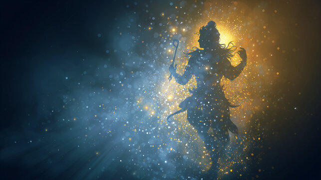 Modern Naraka Chaturdashi visual, Krishna’s silhouette with chakra and radiant light in abstract style