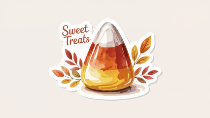  A charming kawaii-style sticker illustration featuring a candy corn with a cheerful smiley face