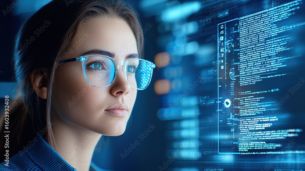 Poster focused individual with glasses gazes at digital interface filled with code and data, embodying sens