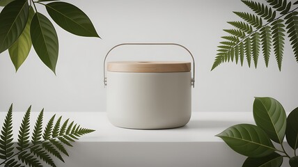 Minimalist Food Container with Wooden Lid and Greenery a Sustainable Living Concept for Healthy Food Storage and Green Lifestyle