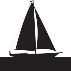 A black and white silhouette of a sailboat with sails on the water against a white background sky view