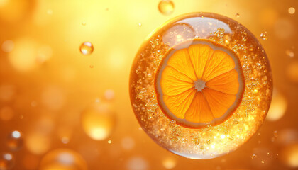 A bright orange slice encapsulated within a clear, glowing sphere filled with effervescent bubbles, surrounded by floating liquid drops and set against a vibrant, sun-drenched orange background.