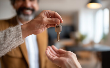 A pair of hands is handing over a set of keys, possibly a delivery scene for real estate, vehicles, etc., suitable for life, real estate, and service - related materials.