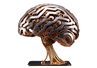Digital AI electronic brain made from metallic isolated on a transparent or white background.