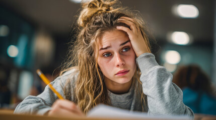 Young sad girl sitting at desk during exam in class, teenager at school