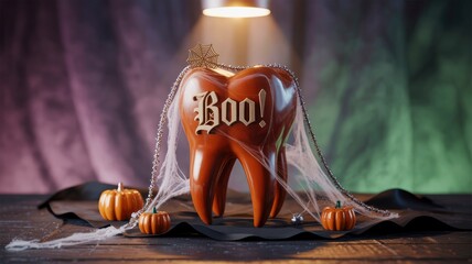 Spooky Halloween Tooth with Pumpkins and Spiderweb Decoration
