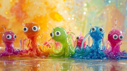 A vibrant display of colorful octopus toys lined up against a soft, dreamy background, capturing the essence of playfulness and creativity. Perfect for children's themes and art.