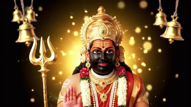 Traditional South Indian art animation of Lord Kartikeya holding a vel, glowing aura and temple bells in background