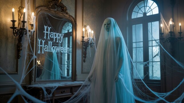 Ethereal Ghostly Figure in Victorian Setting for Halloween