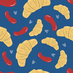 Croissant and sausage on a blue background. Food seamless pattern for clothing, fabric, wallpaper, backdrop, home decoration, cover book, and wall art.