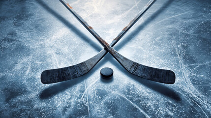 Crossed hockey sticks and pucks on textured ice background, subtle frost patterns and light shadows