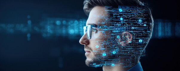 Futuristic digital interface overlays man profile, showcasing advanced technology and data visualization. scene evokes sense of innovation