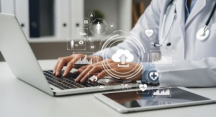 Doctor using technology for digital health data analysis and patient care