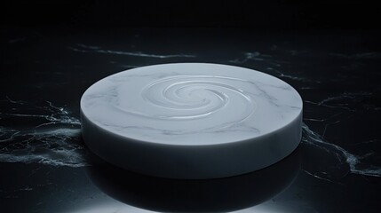 Fototapeta premium A white marble sphere with a spiral pattern sits on a black marble surface.