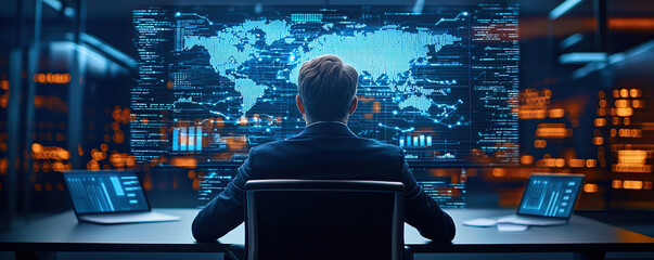 Professional in suit analyzes global data on futuristic screen, surrounded by technology and illuminated cityscape
