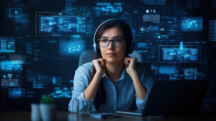 Focused woman wearing headphones engages with futuristic digital interface, surrounded by glowing data displays and technology