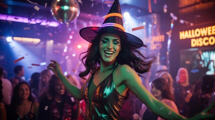 Woman in Witch Costume Dancing at a Halloween Disco Party