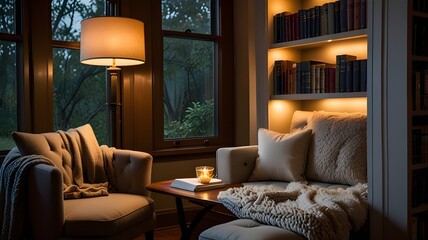 A cozy reading nook with an open book, a warm drink, and soft lighting 