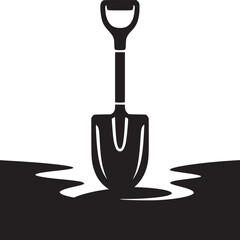 A black and white illustration of a shovel standing in a pool of dark liquid on a white background