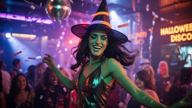Woman in Witch Costume Dancing at a Halloween Disco Party - Powered by Adobe