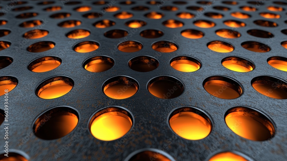 Poster a close-up view of a metallic surface with a grid-like pattern of circular holes, illuminated from w