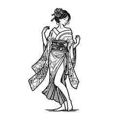 Vector line art image of a Japanese woman