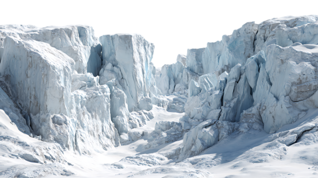 Dramatic glacial canyon with steep ice cliffs and a winding snow path isolated on transparent background
