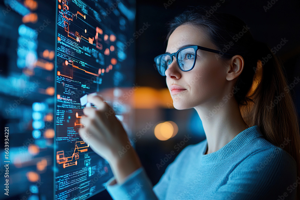 Poster focused woman interacts with digital interface, analyzing data and visualizations in modern workspac