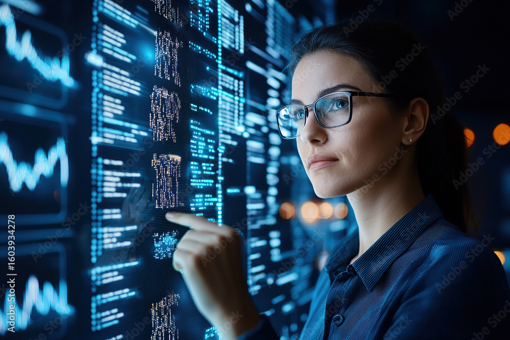 Aufkleber focused woman in glasses interacts with futuristic digital interface displaying data and graphs, sho