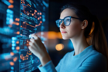 Focused woman interacts with digital interface, analyzing data and visualizations in modern workspace. atmosphere is high tech and innovative